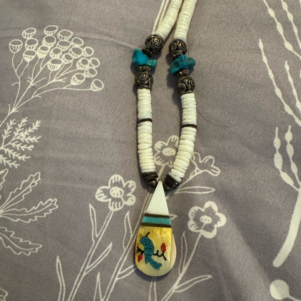 Santo Domingo Pueblo Navajo Inlay Coral Shell Turquoise Bird Necklace Mop